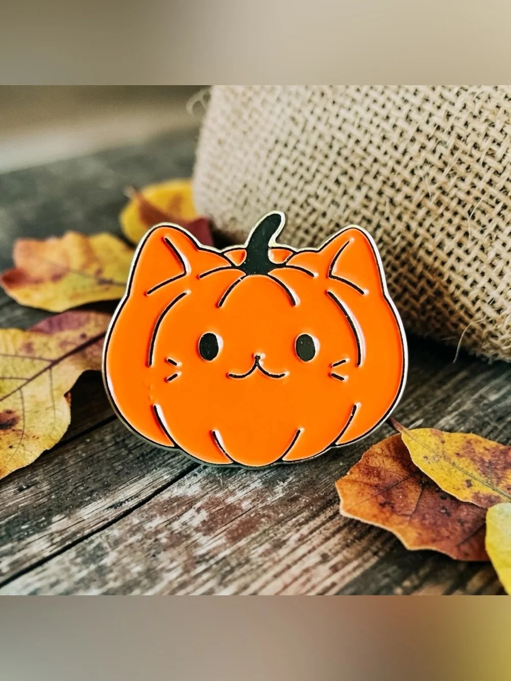 Orange Pumpkin Cat Enamel Gold Tone Pin